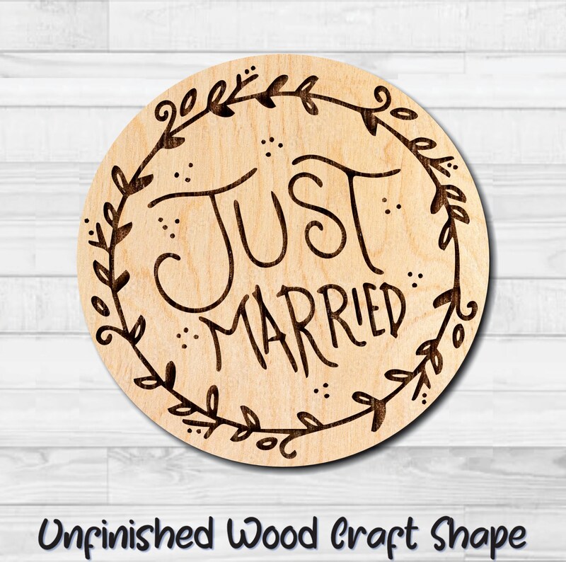 Just Married Vines Badge Unfinished Wood Shape Blank Laser Engraved Cut Out Woodcraft Craft Supply WED-002